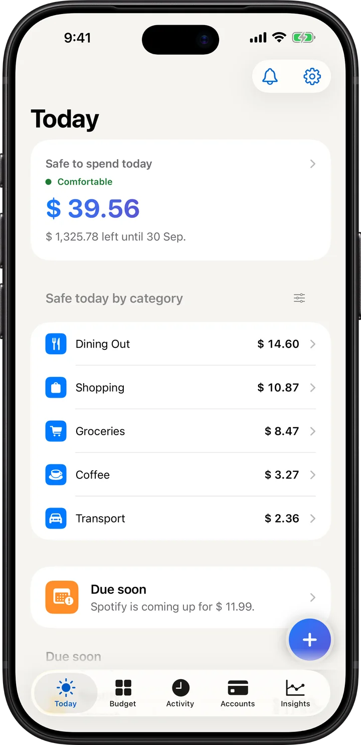 Budgetine's Today screen on iPhone, showing one safe-to-spend figure for the day