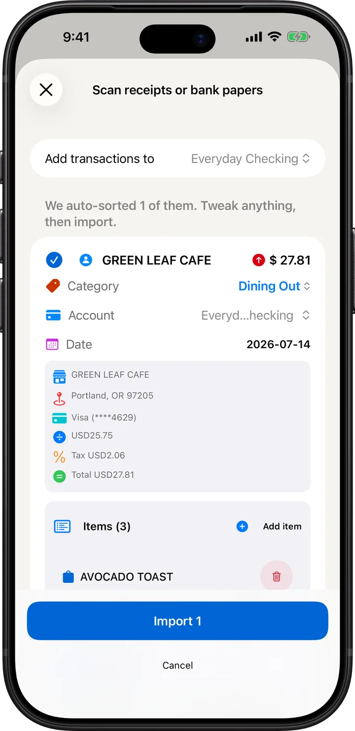 A scanned receipt in Budgetine on iPhone, read line by line with each item listed