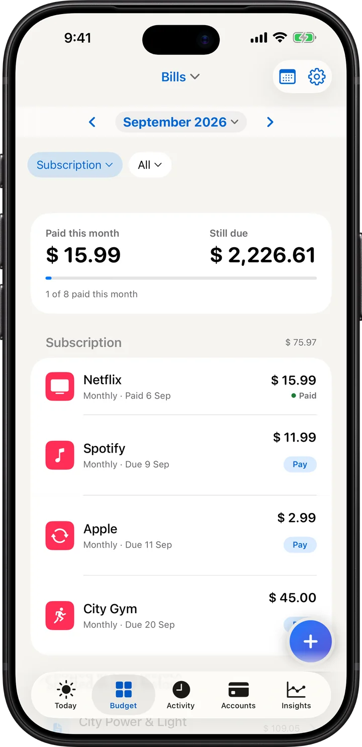 Budgetine's upcoming bills screen on iPhone, with a reminder before each bill is due