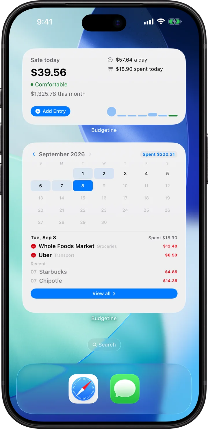Budgetine Home Screen widgets on iPhone, showing the budget without opening the app
